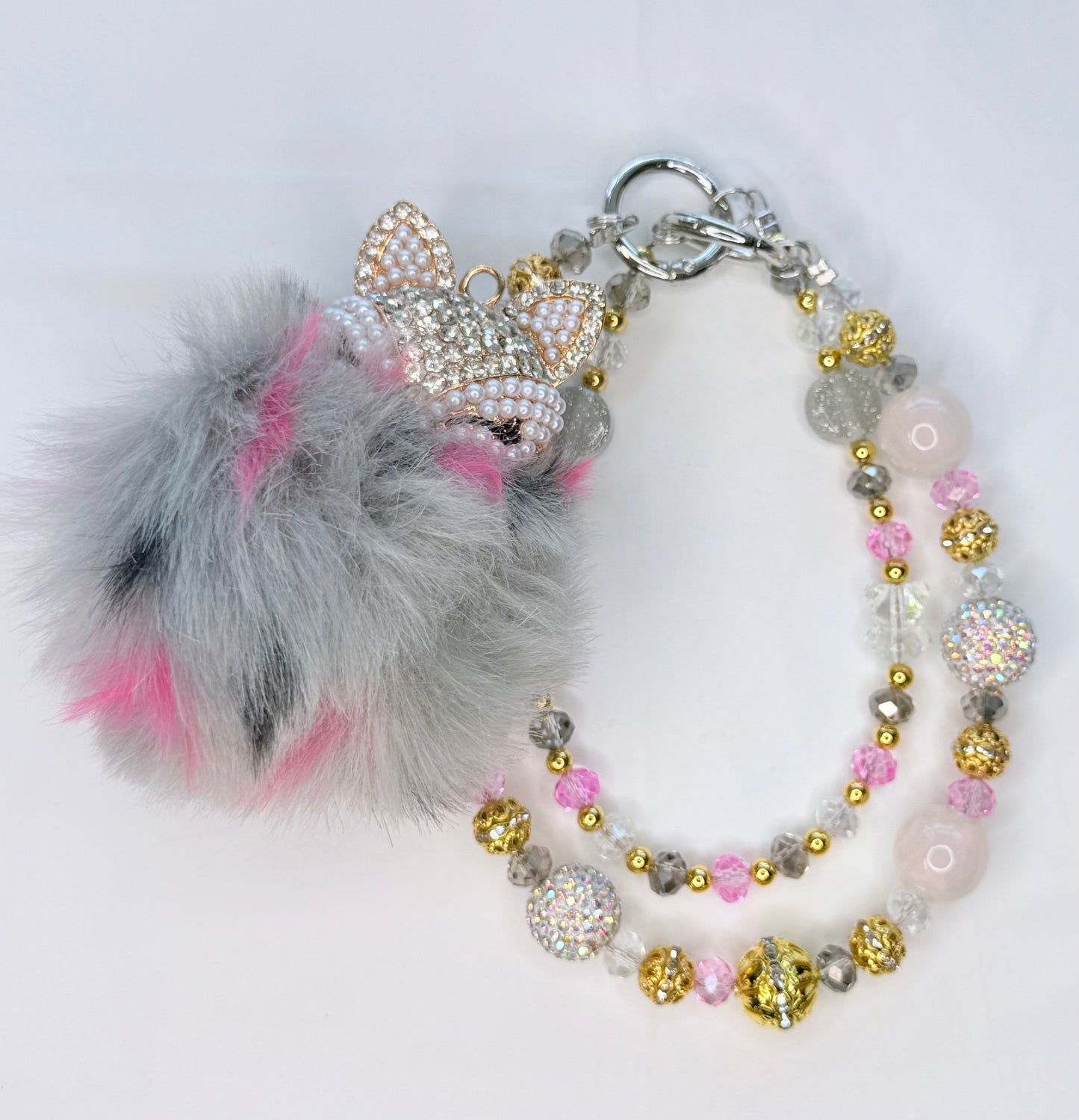 Gray and Pink Fox Pom Pom