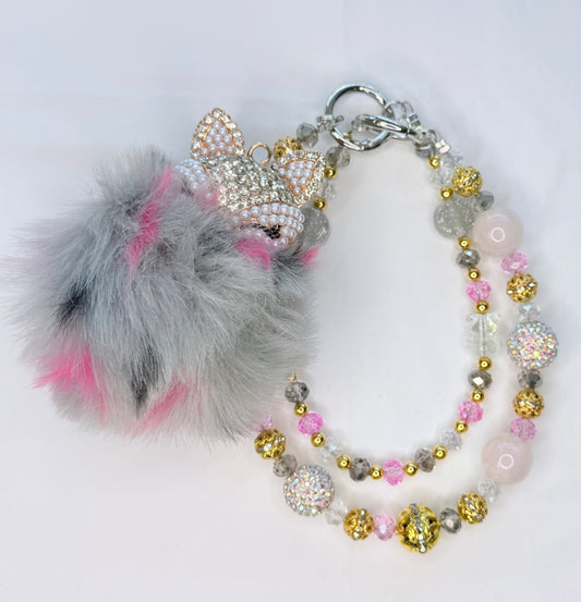 Gray and Pink Fox Pom Pom